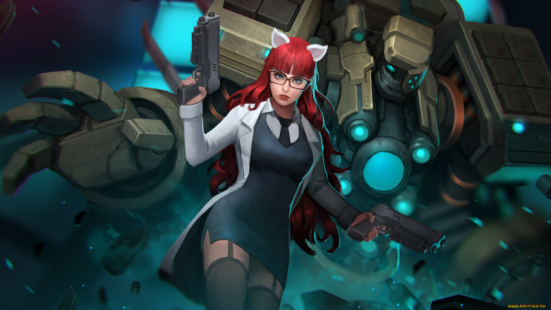 видео, игры, dungeon, fighter, online, ушки, фон, взгляд, девушка, пистолет, робот