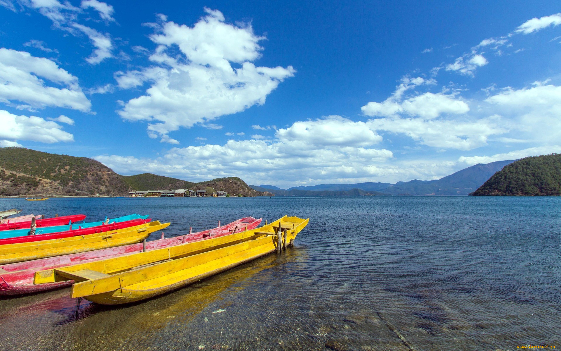 корабли, лодки, , шлюпки, озеро, горы