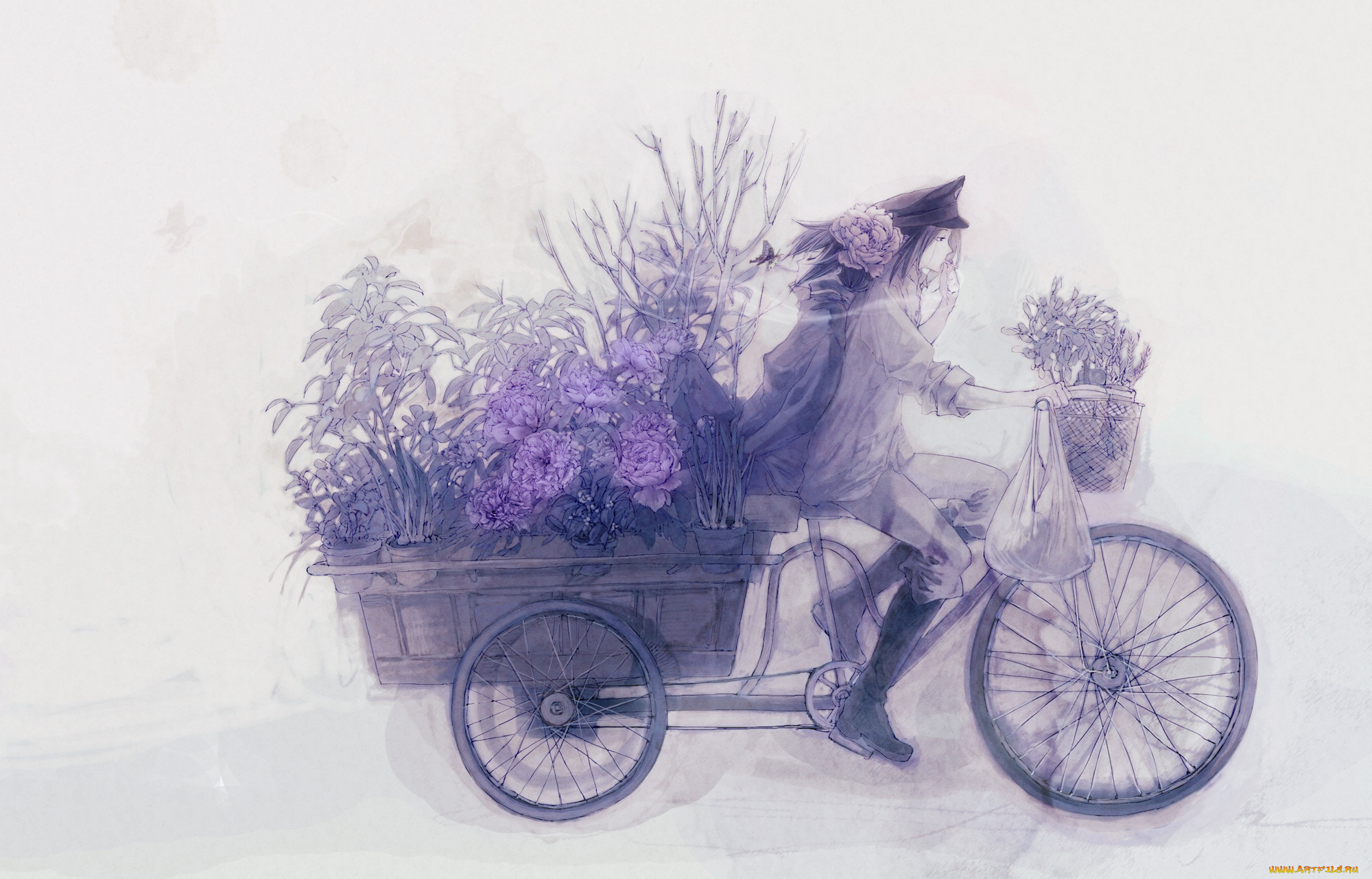 аниме, оружие, , техника, , технологии, сумка, велосипед, цветы, девушка