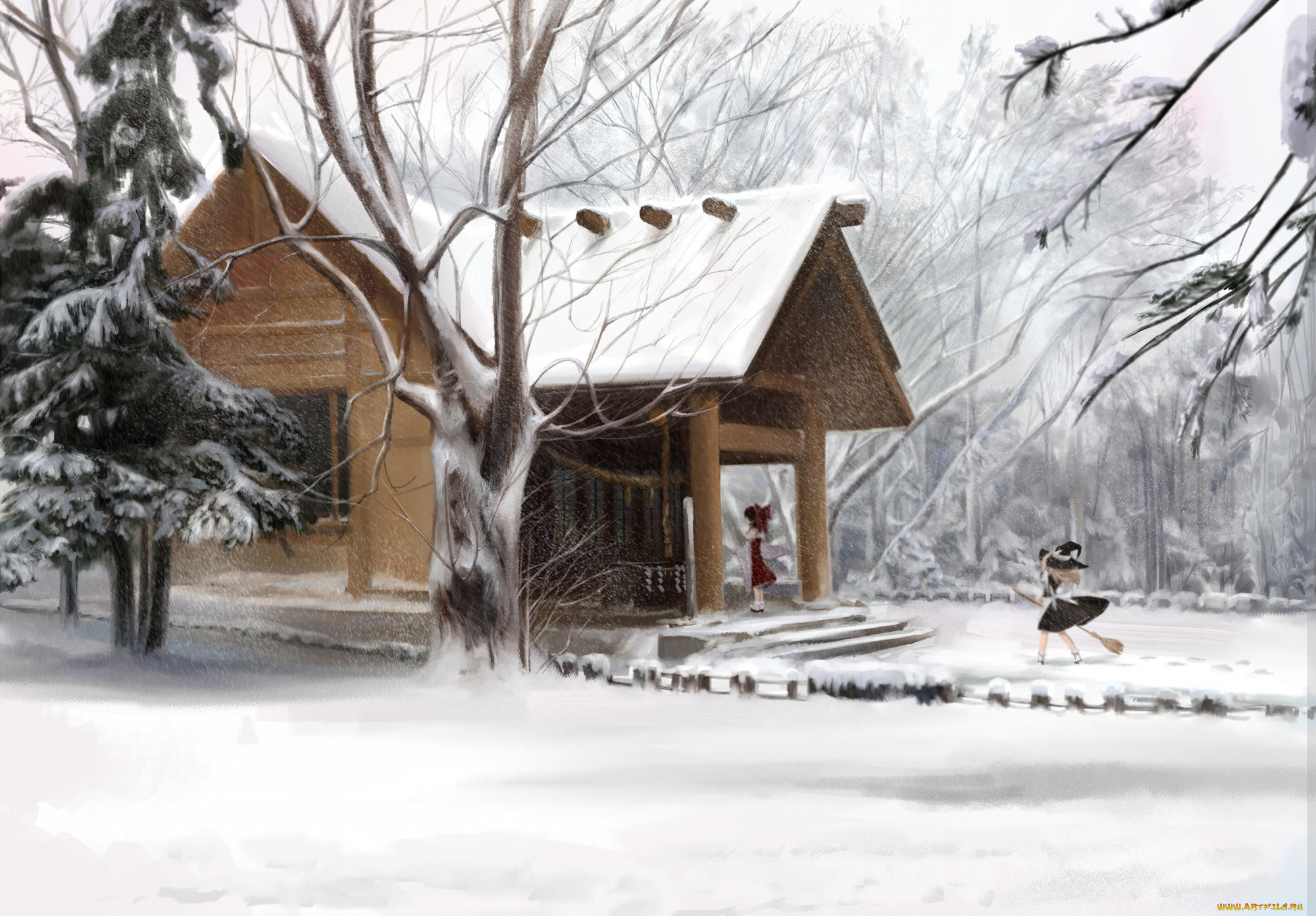 аниме, touhou, зима, дом, девушки, снег