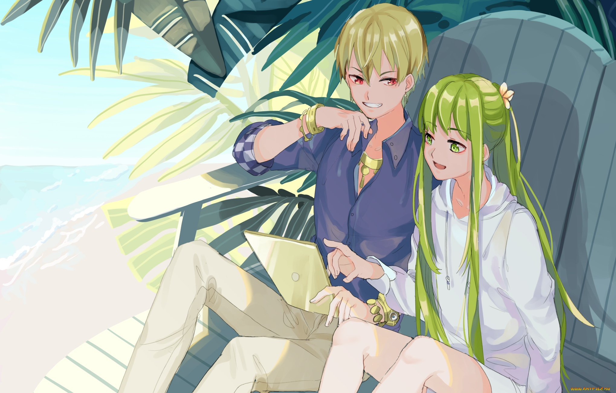 аниме, fate, stay, night, , grand, order, , apocrypha, пальмы, скамейка, украшения, девушка, парень