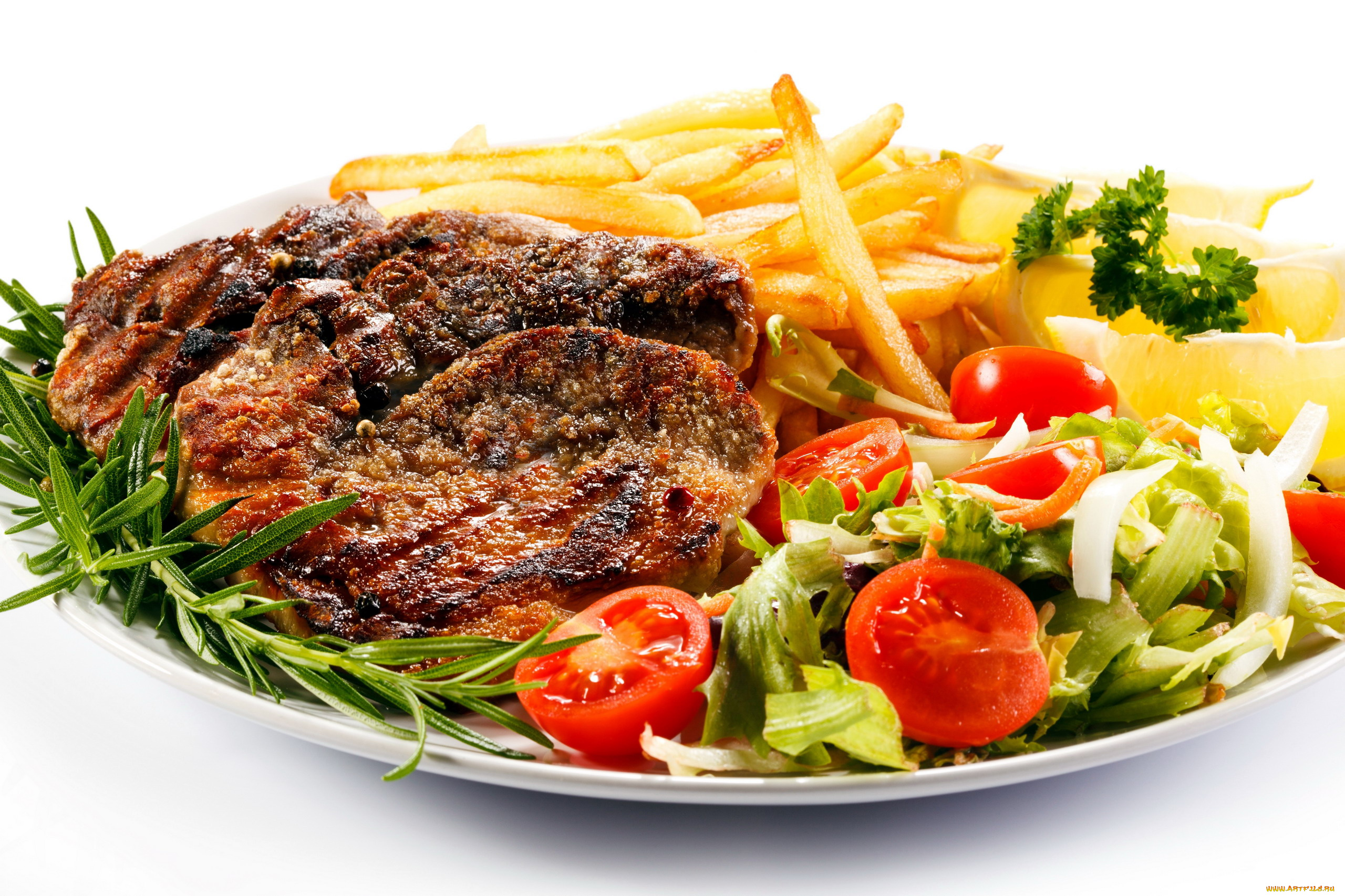 еда, мясные, блюда, картофель, отбивная, томаты, помидоры