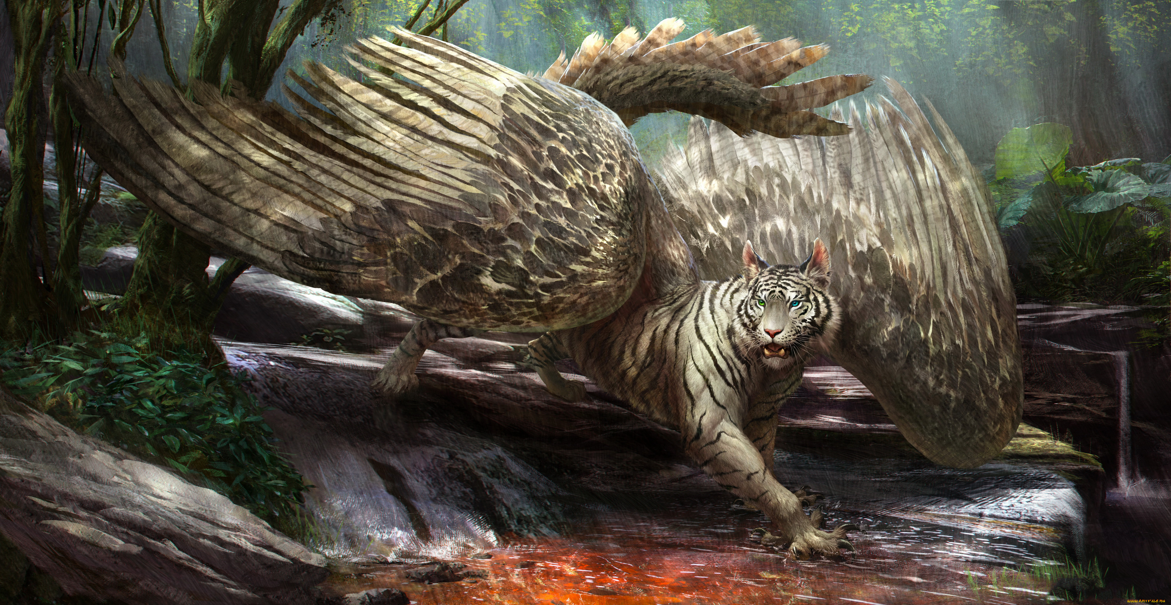 фэнтези, существа, фон, тигр, крылья