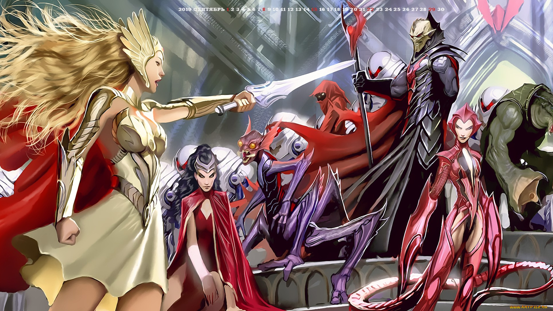 календари, фэнтези, 2019, calendar, монстр, существо, девушка, воительница, ооужие