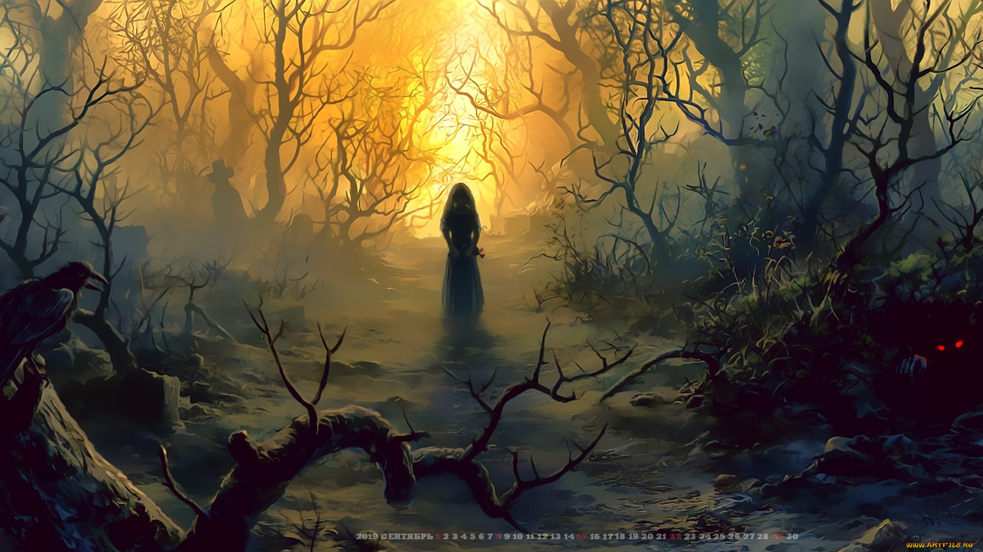 календари, фэнтези, 2019, ночь, calendar, девушка, лес, дерево, крест