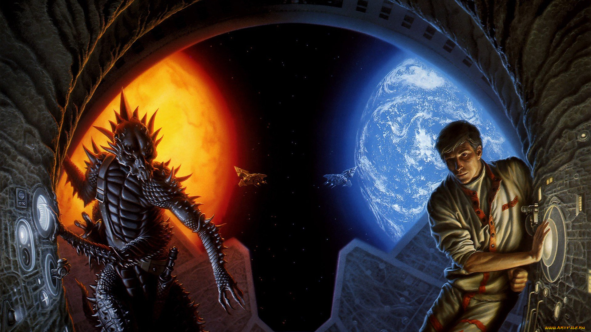 фэнтези, существа, инопланетянин, человек, арка, планеты, корабли
