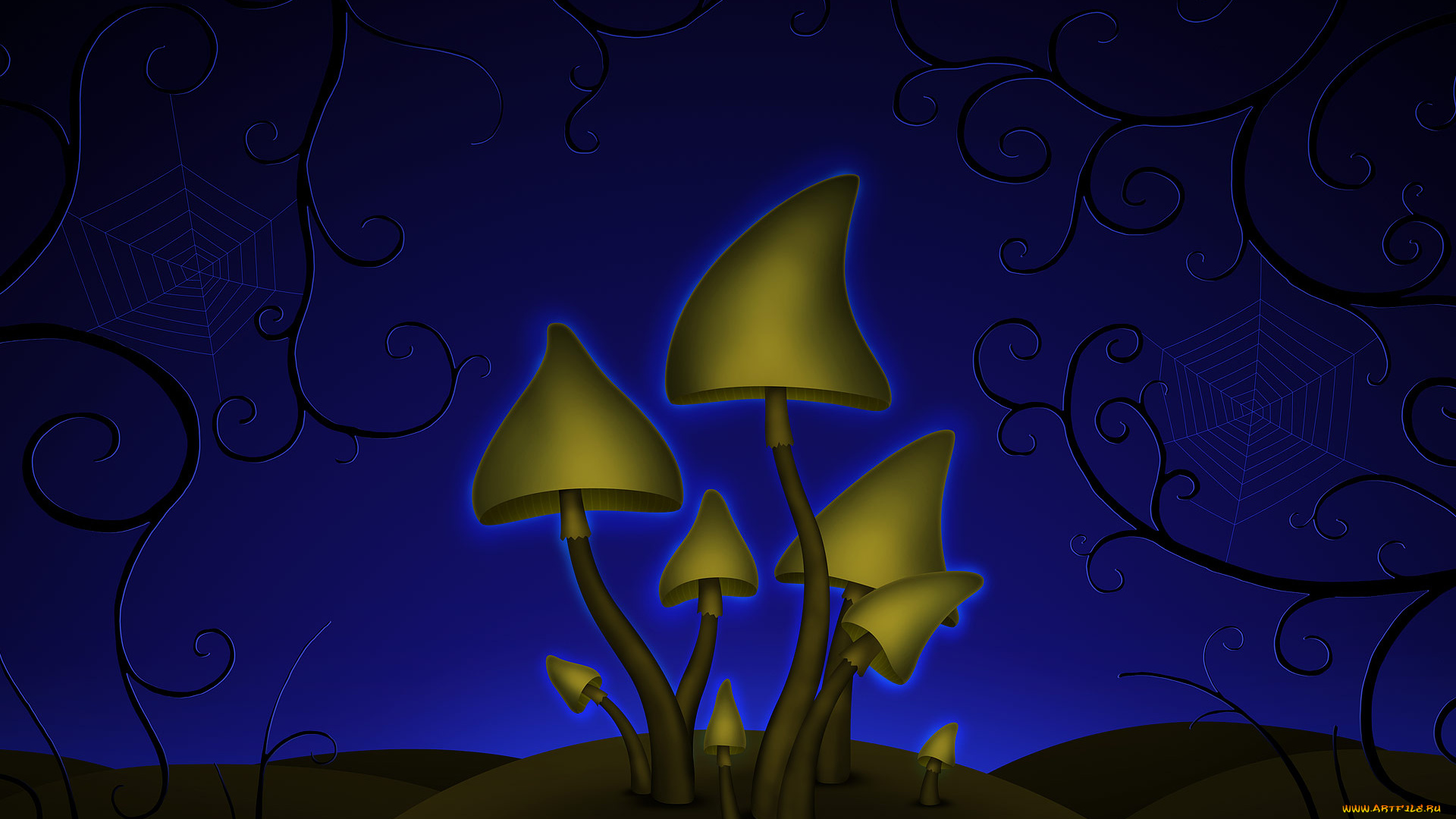 рисованное, vladstudio, грибы, холмы, паутина