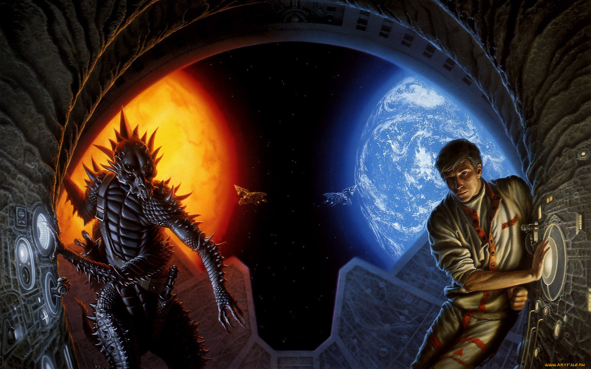 фэнтези, существа, инопланетянин, человек, арка, планеты, корабли