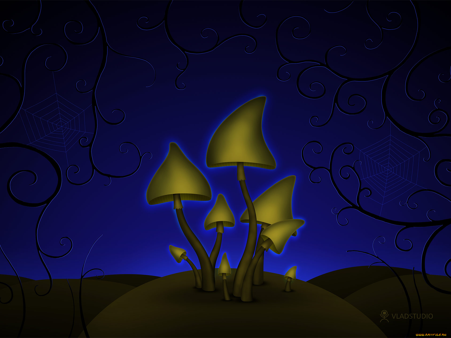 рисованное, vladstudio, грибы, холмы, паутина