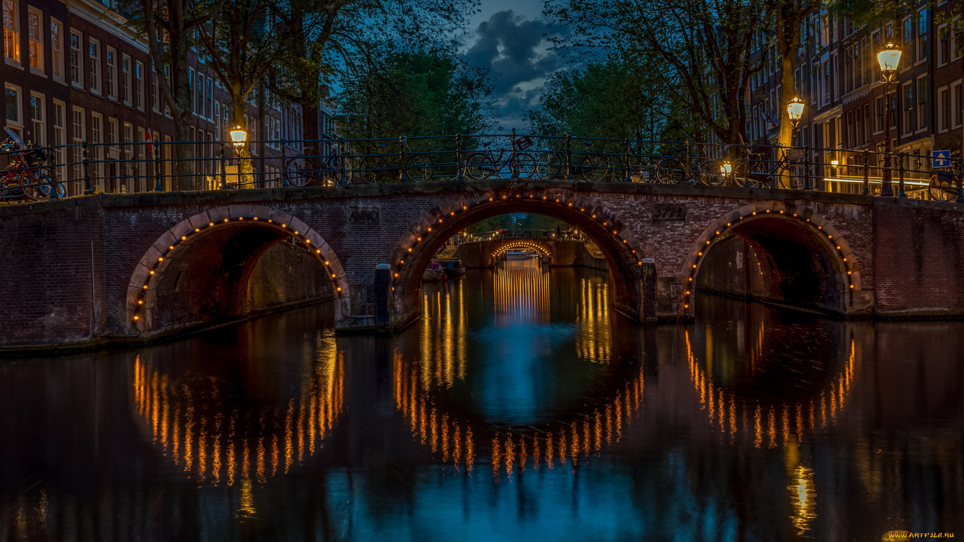 города, амстердам, , нидерланды, ночь, канал