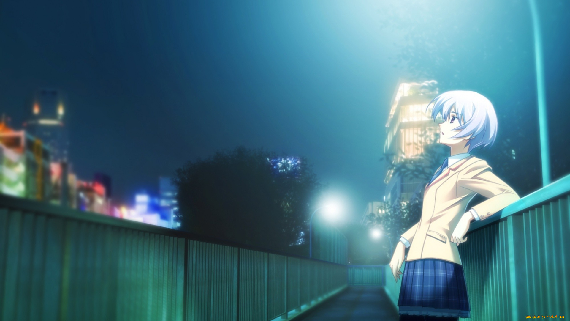 аниме, chaos, , head, девочка, мост, город, ночь, огни