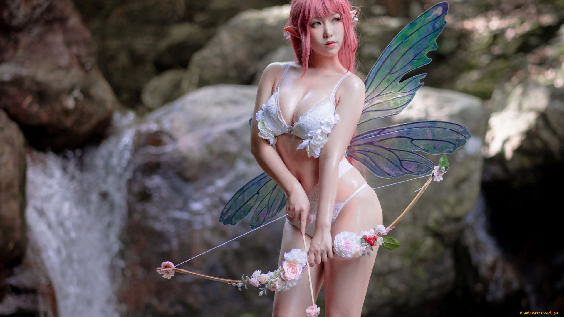 девушки, -, креатив, , косплей, азиатка, косплей, крылья, лук