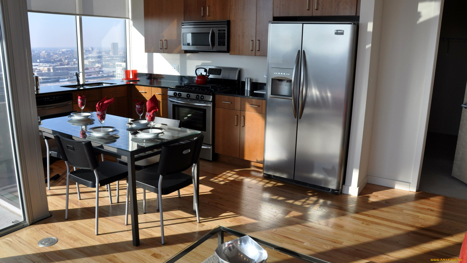 интерьер, кухня, плита, холодильник, обеденный, стол