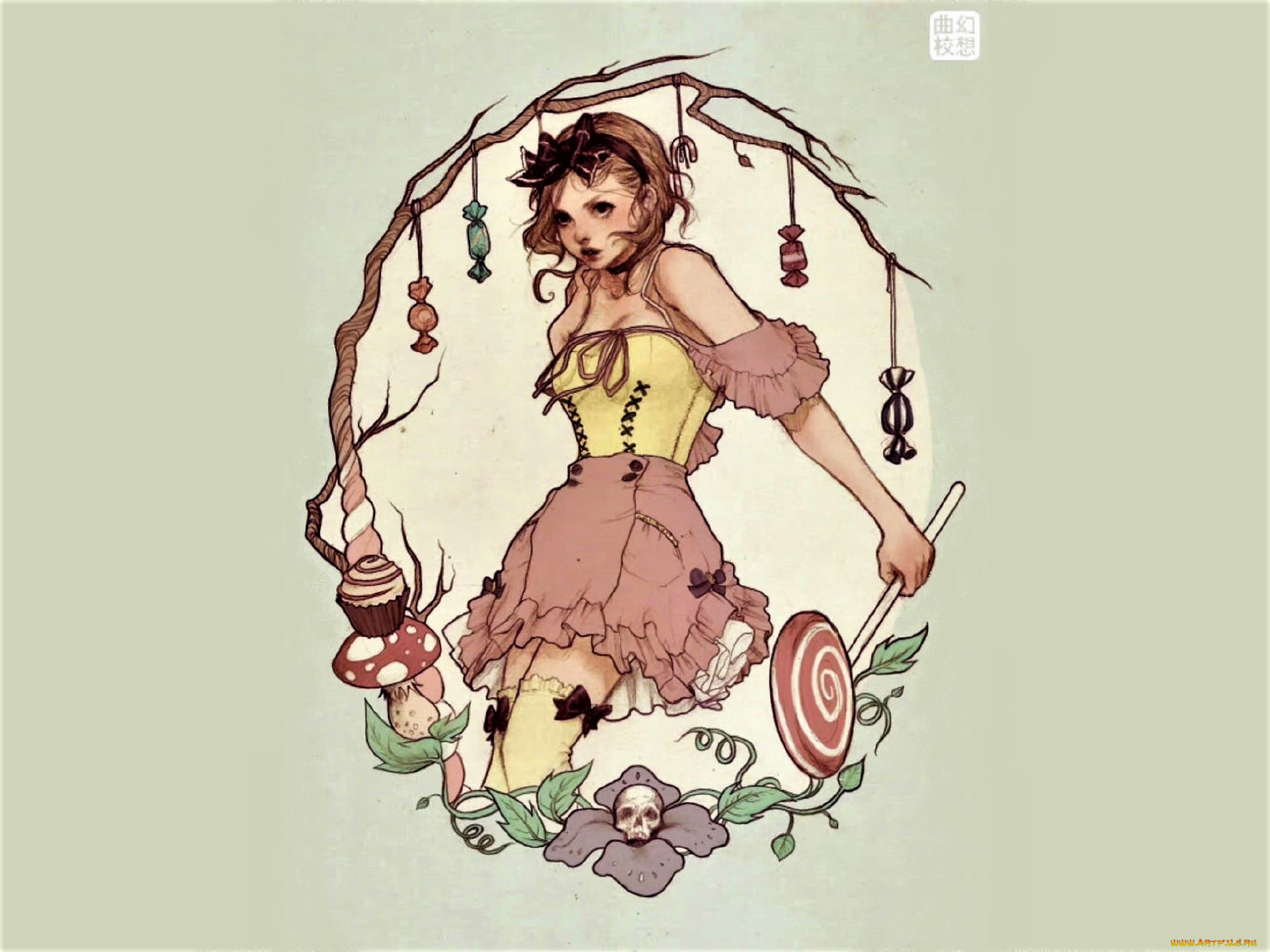 рисованное, люди, девочка, леденец