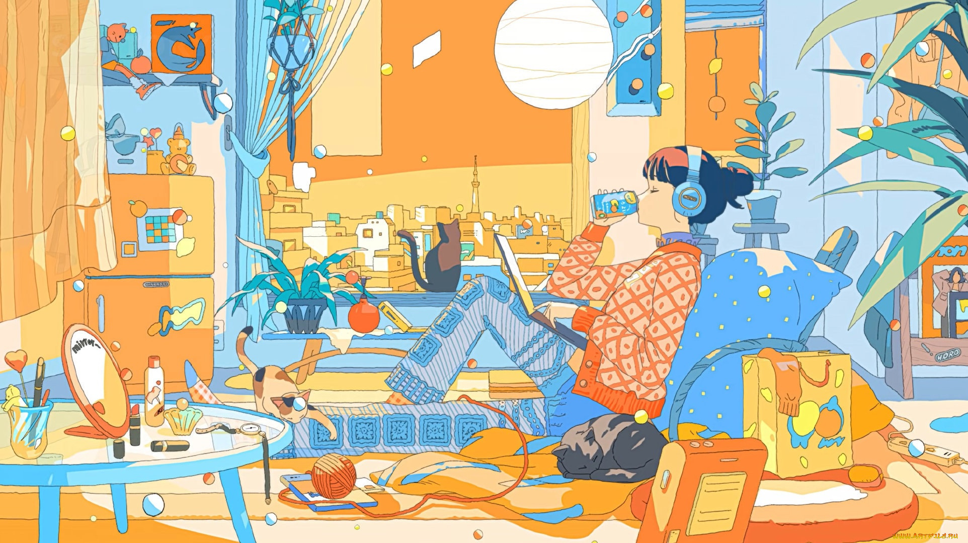 аниме, город, , улицы, , интерьер, , здания, девушка, наушники, ноутбук, комната, окно