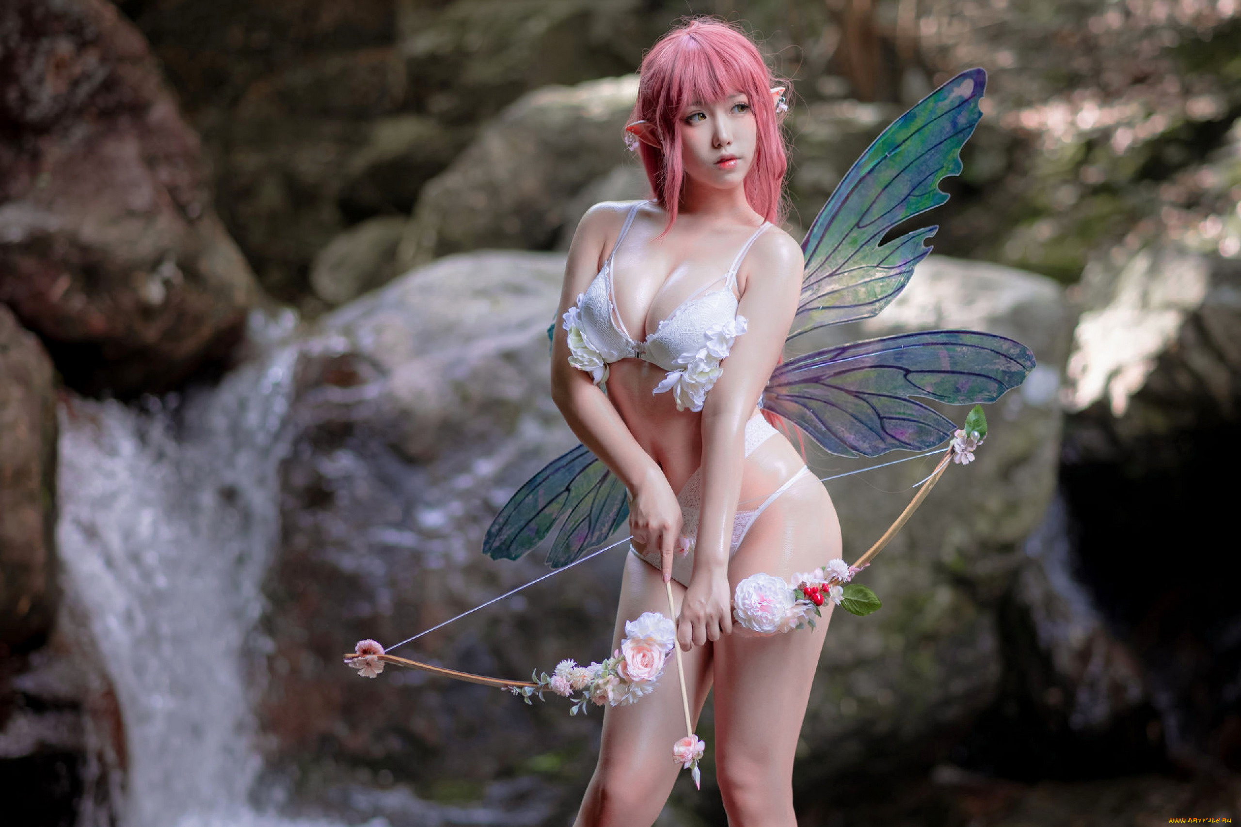 девушки, -, креатив, , косплей, азиатка, косплей, крылья, лук