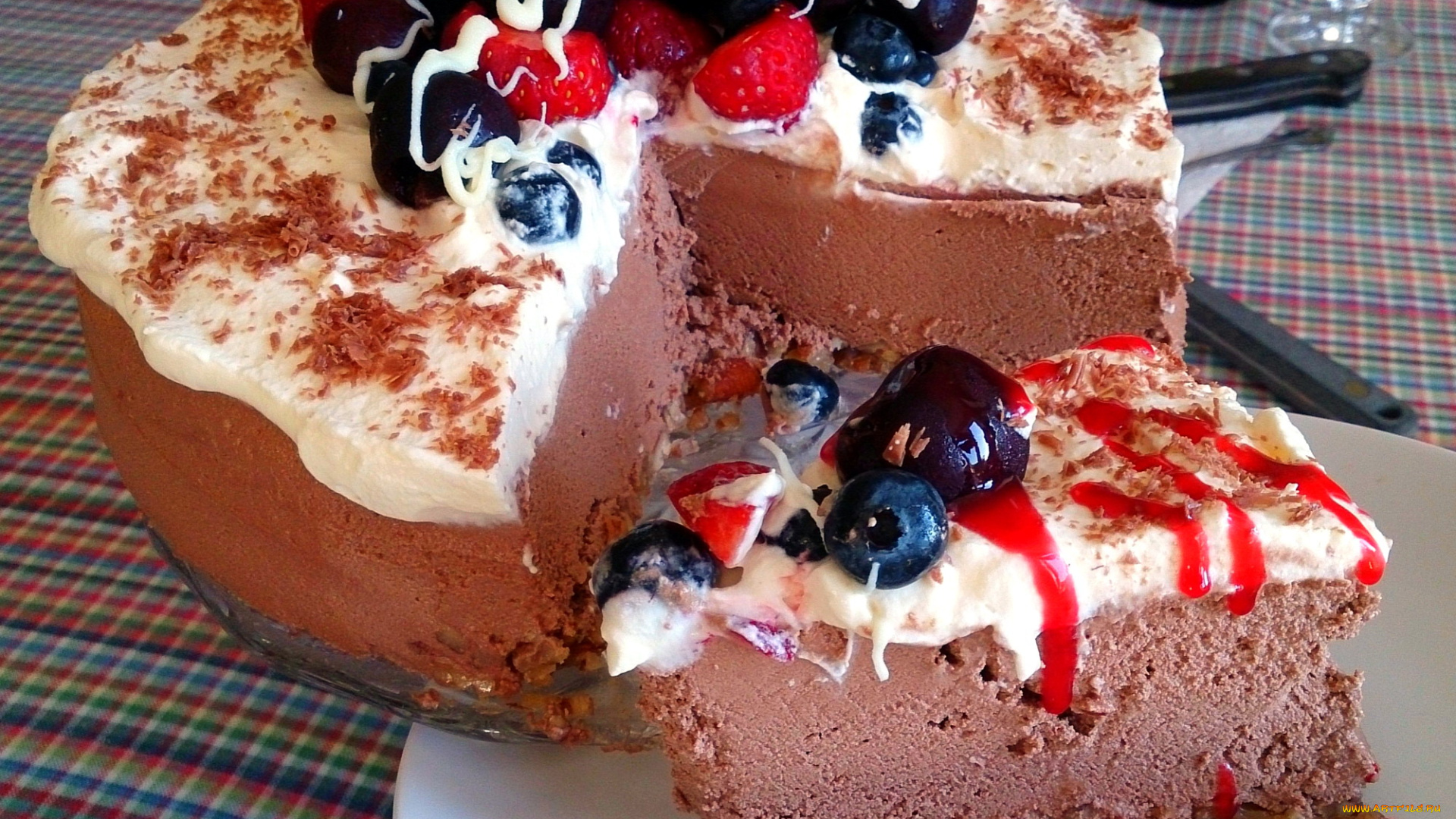 еда, торты, шоколадный, торт, ягоды