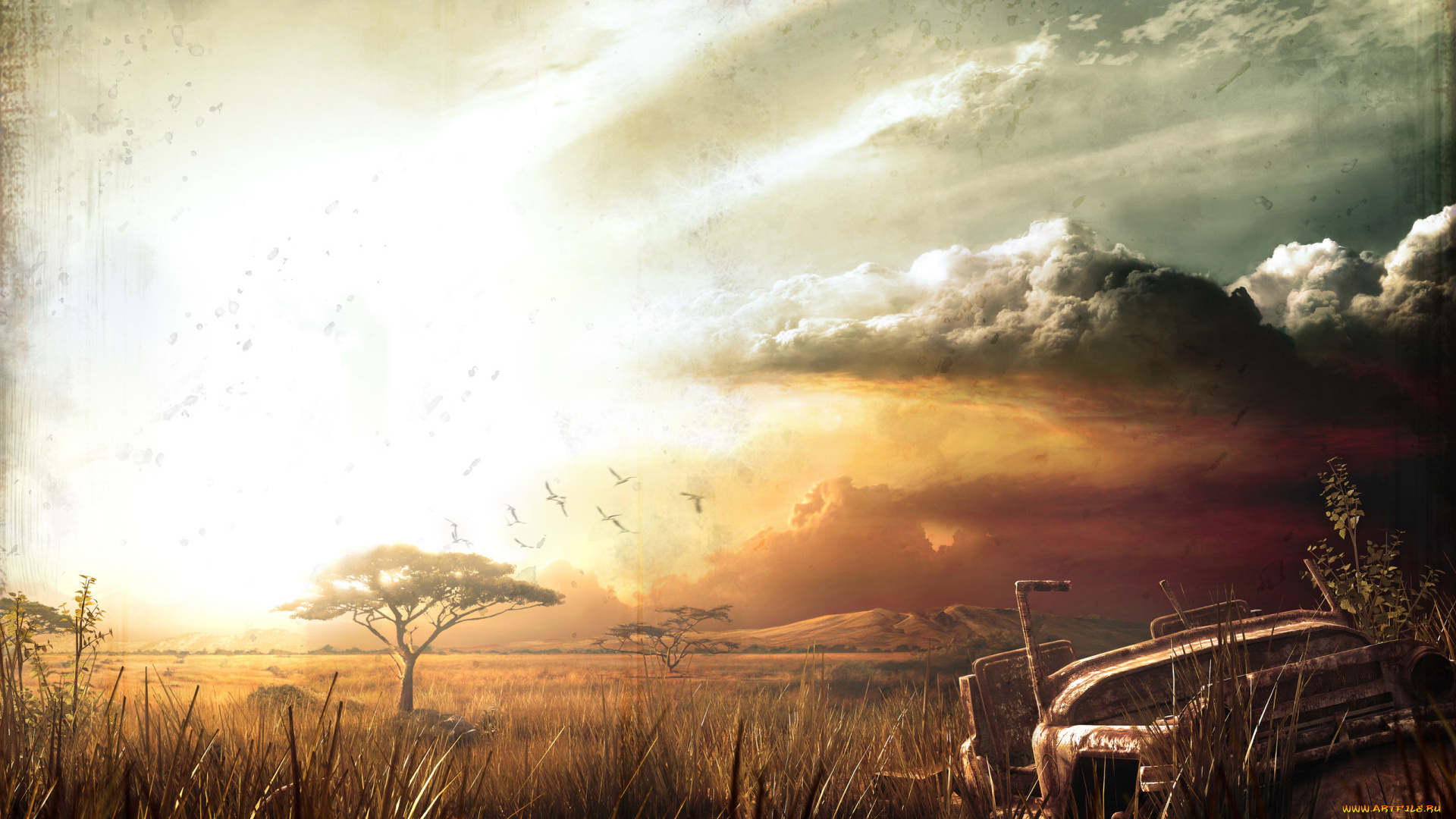 рисованное, природа, небо, остов, тучи, трава, деревья