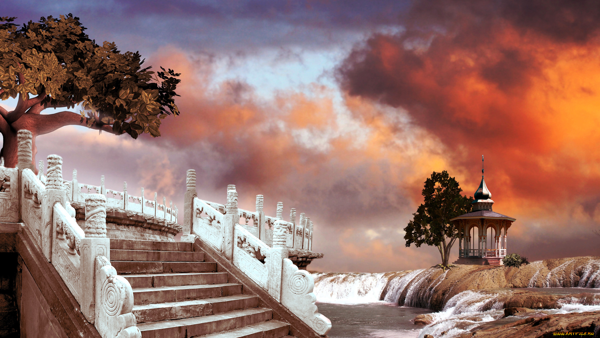 разное, компьютерный, дизайн, деревья, лестница, река, водопады, беседка
