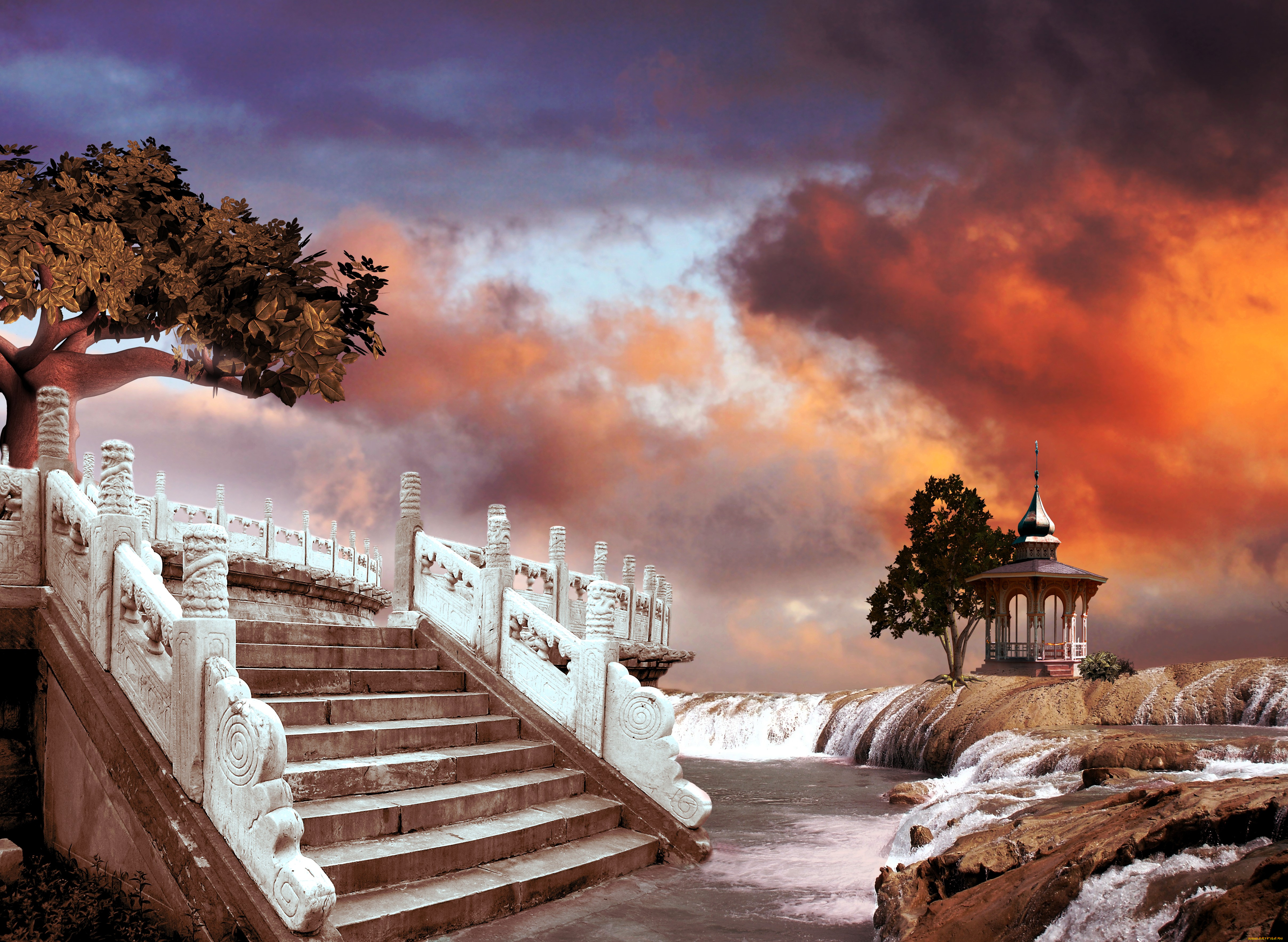 разное, компьютерный, дизайн, деревья, лестница, река, водопады, беседка