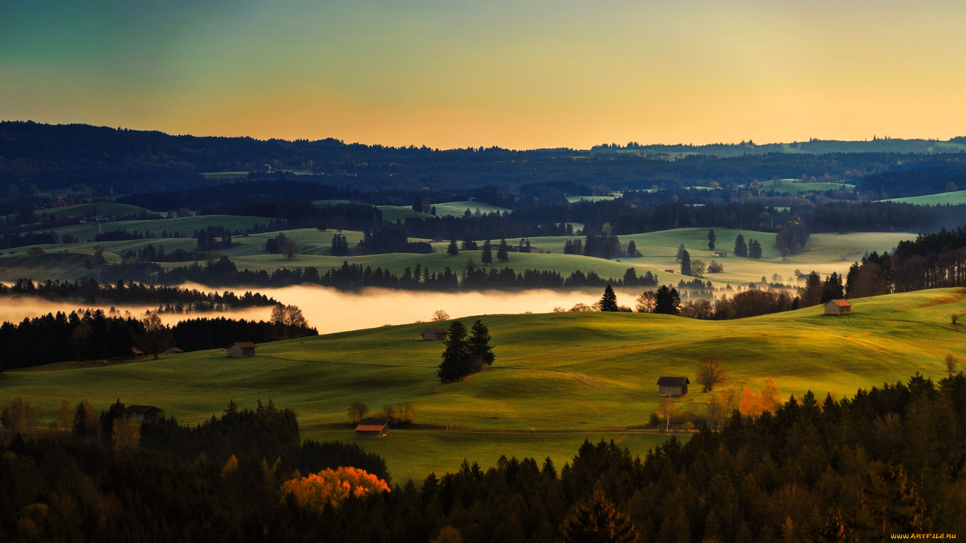 природа, пейзажи, леса, поля, туман, озеро, домики