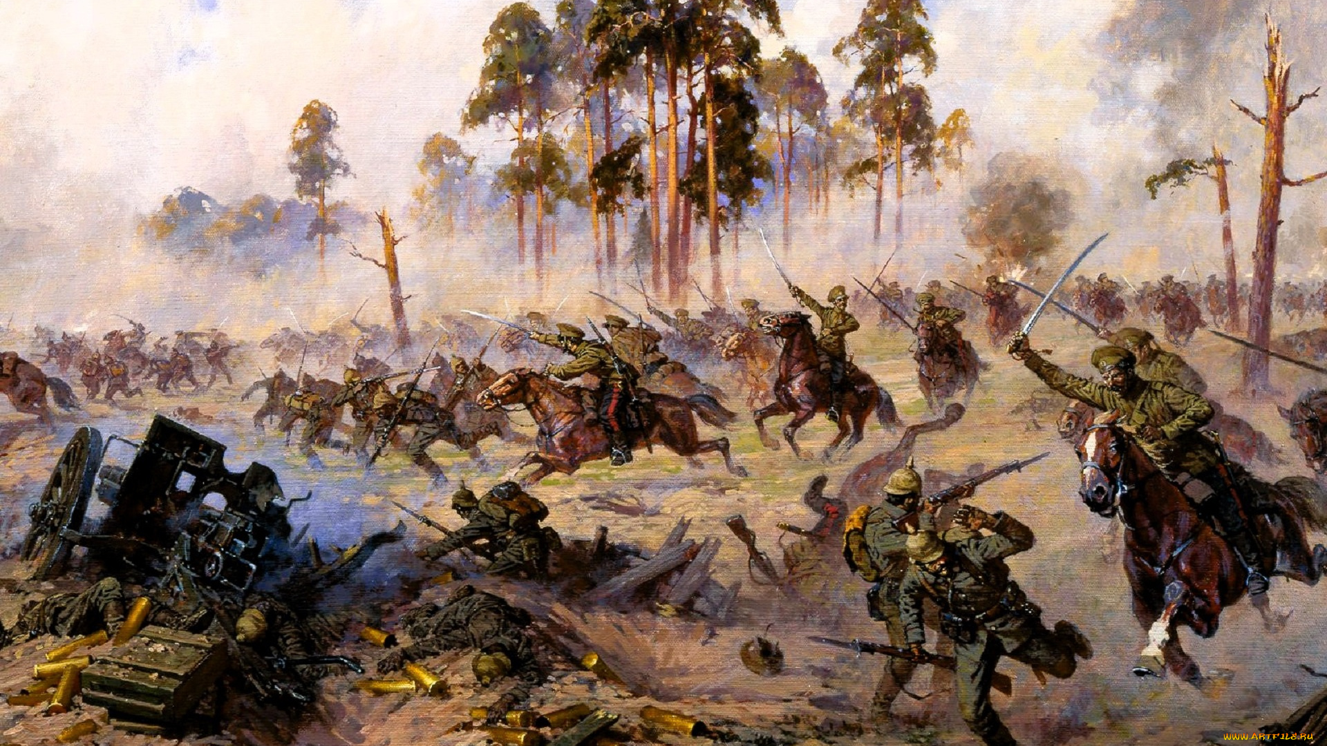 рисованное, александр, аверьянов, война, армии, казаки, всадники, пушки, деревья, дым