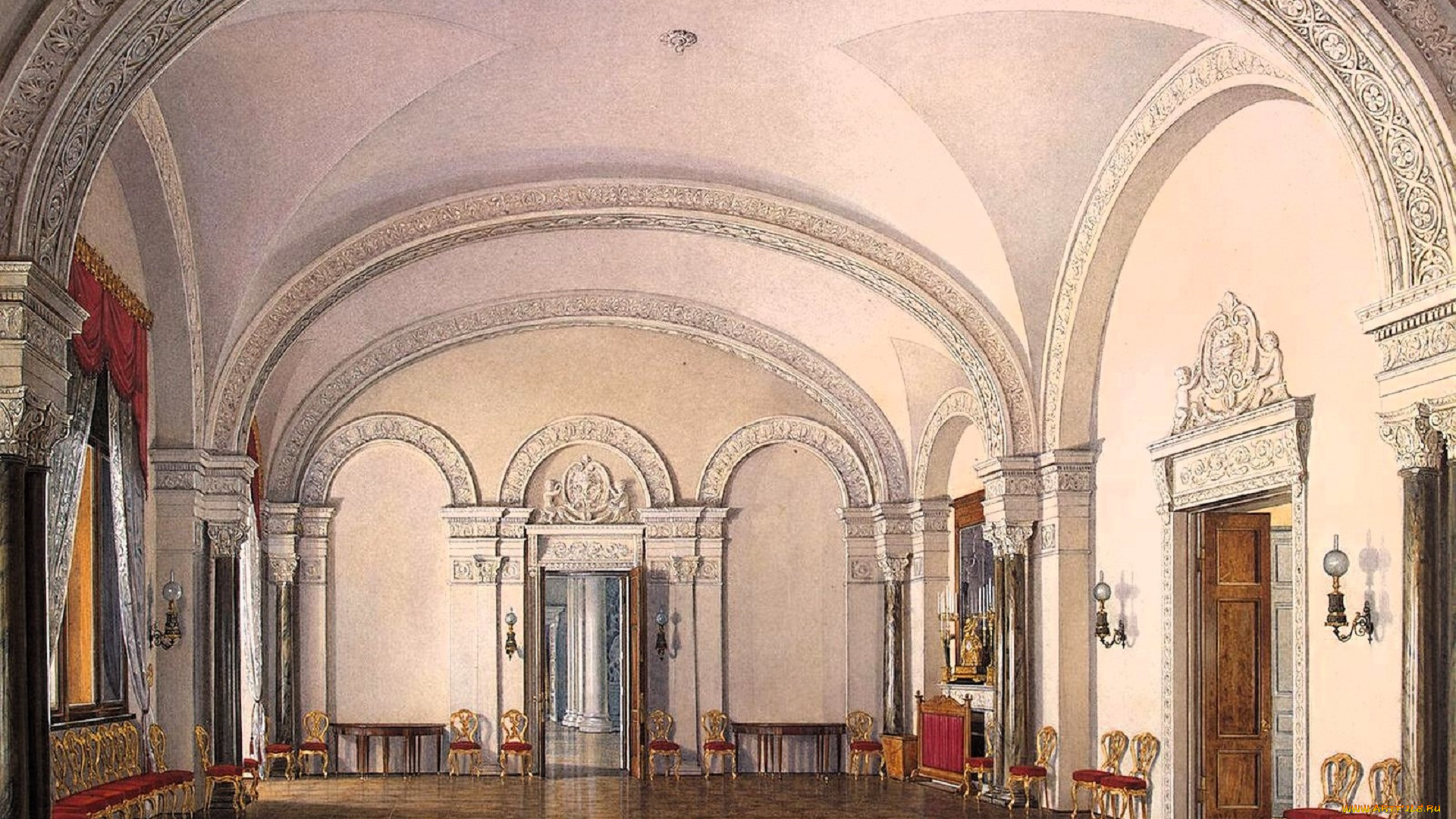 рисованное, эдуард, гау, дворец, интерьер, зал, свод, лепнина, двери, стулья