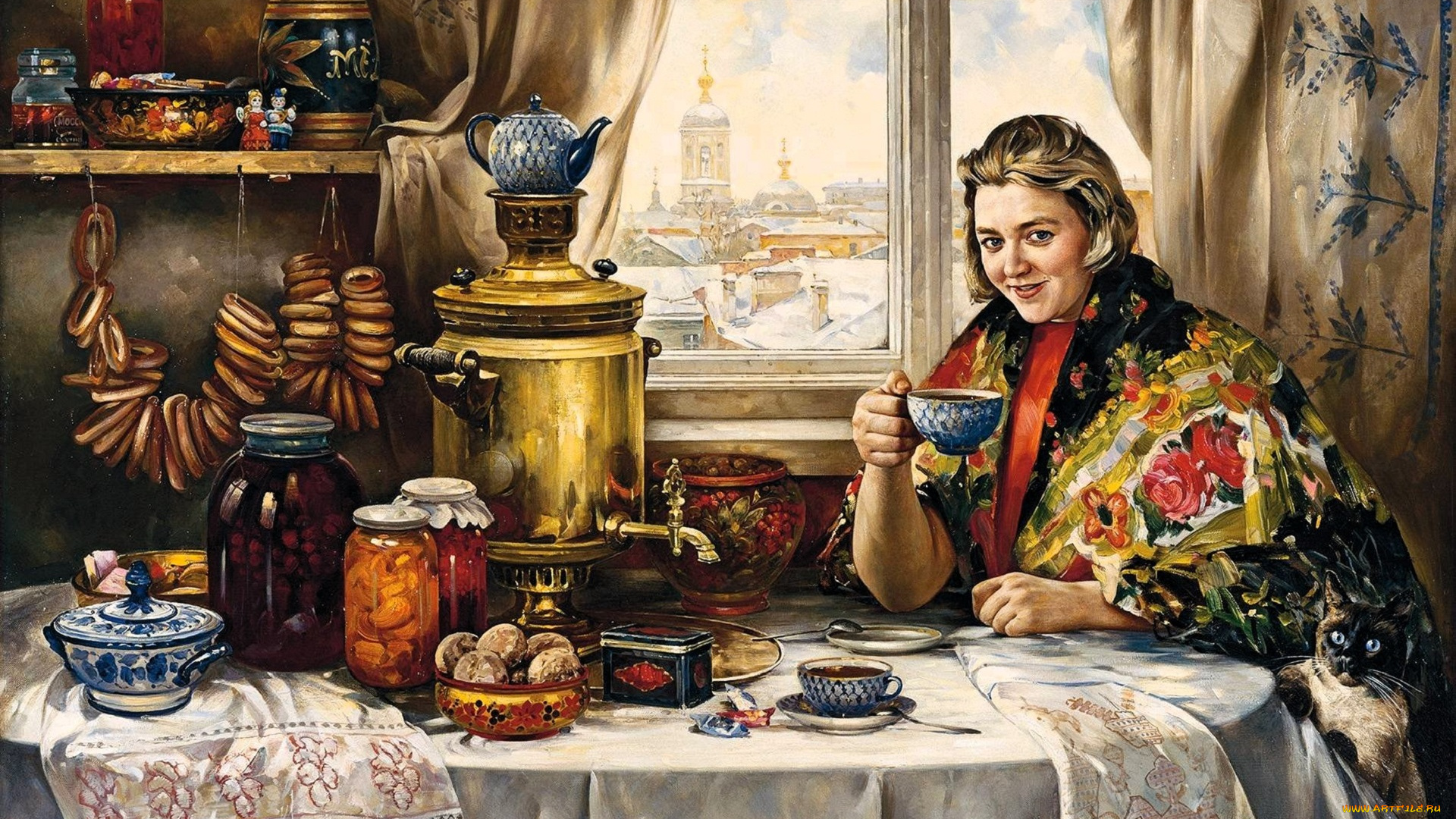 рисованное, василий, нестеренко, женщина, купчиха, чаепитие, самовар, окно