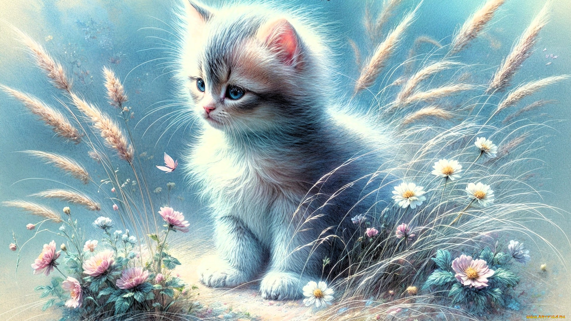 рисованное, животные, , коты, котенок, колоски, цветы
