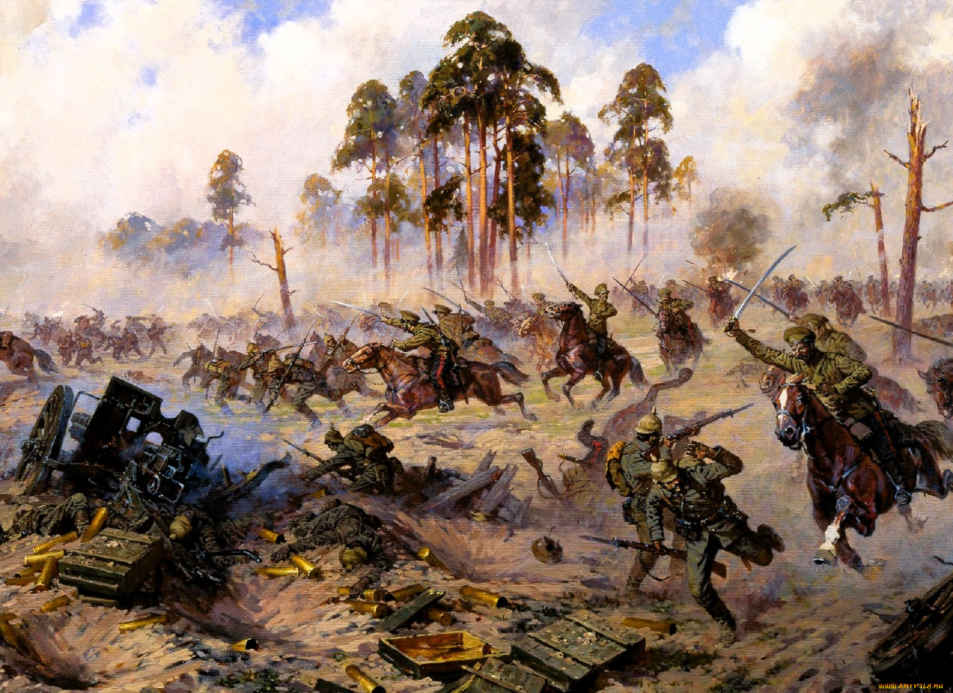 рисованное, александр, аверьянов, война, армии, казаки, всадники, пушки, деревья, дым