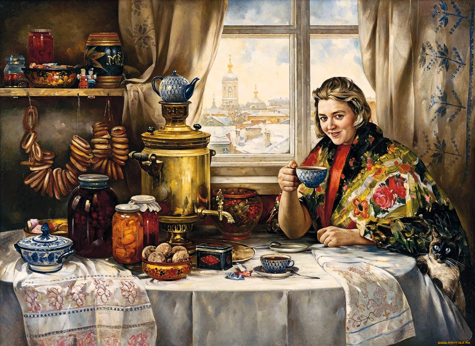 рисованное, василий, нестеренко, женщина, купчиха, чаепитие, самовар, окно