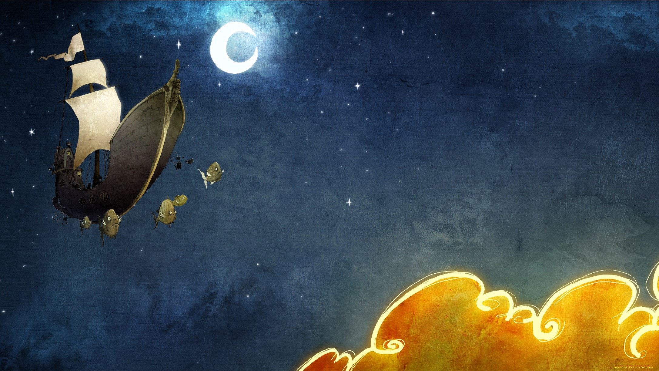 фэнтези, корабли, корабль, парусник, полет, рыбы, небо, месяц, звезды