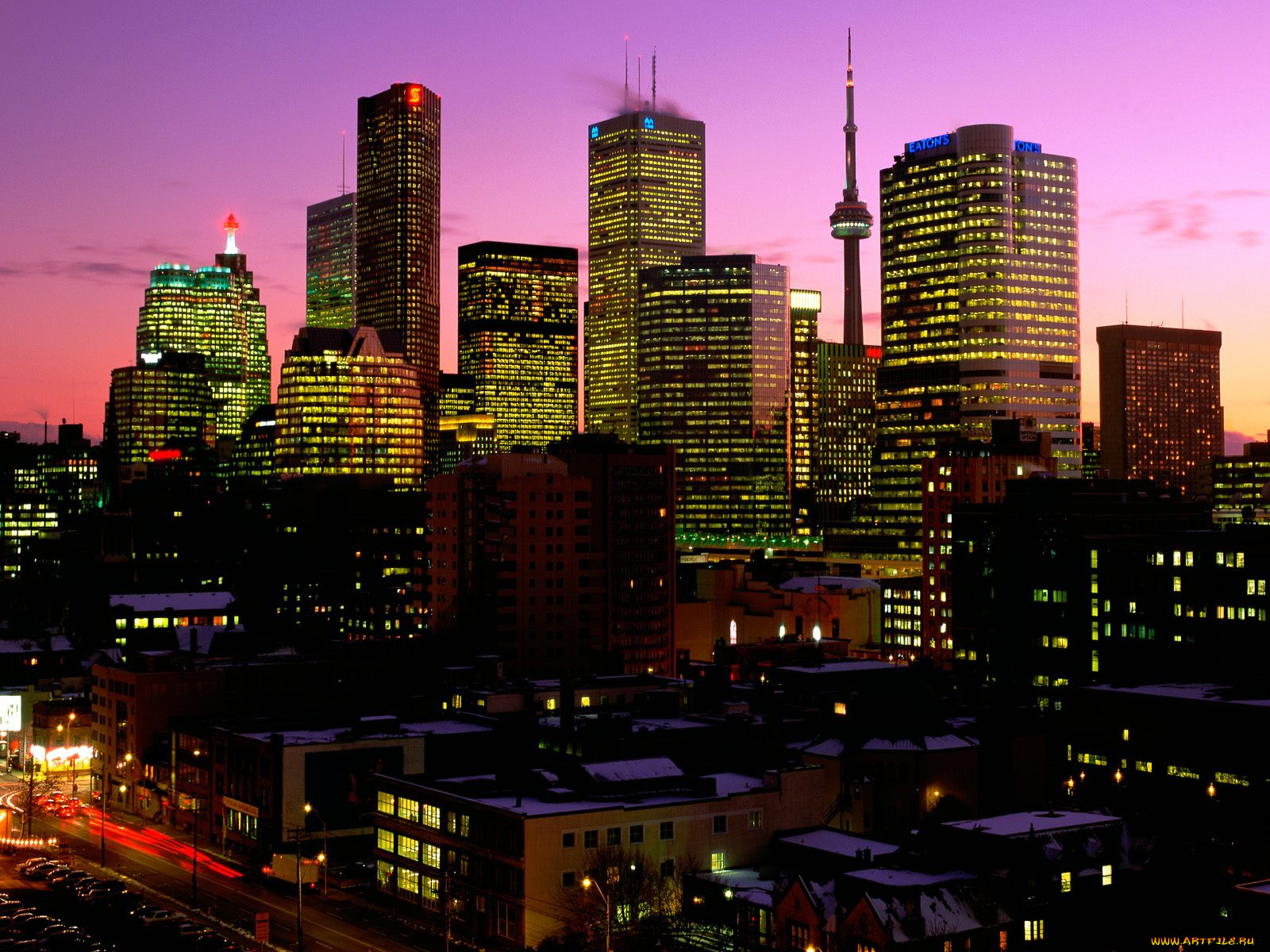 toronto, at, dusk, ontario, canada, города, торонто, канада