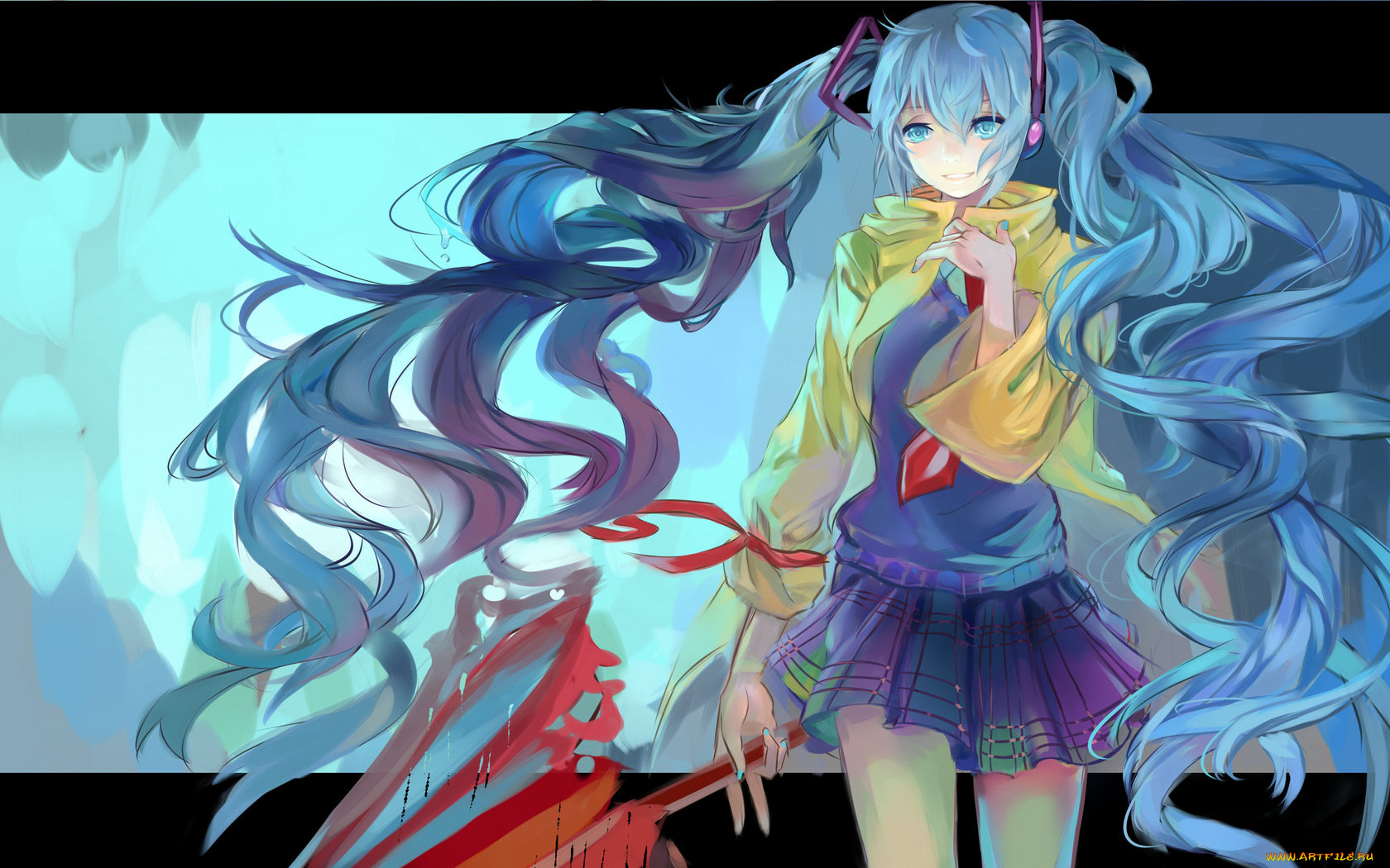 аниме, vocaloid, юбка, зонт, hatsune, miku, длинные, волосы
