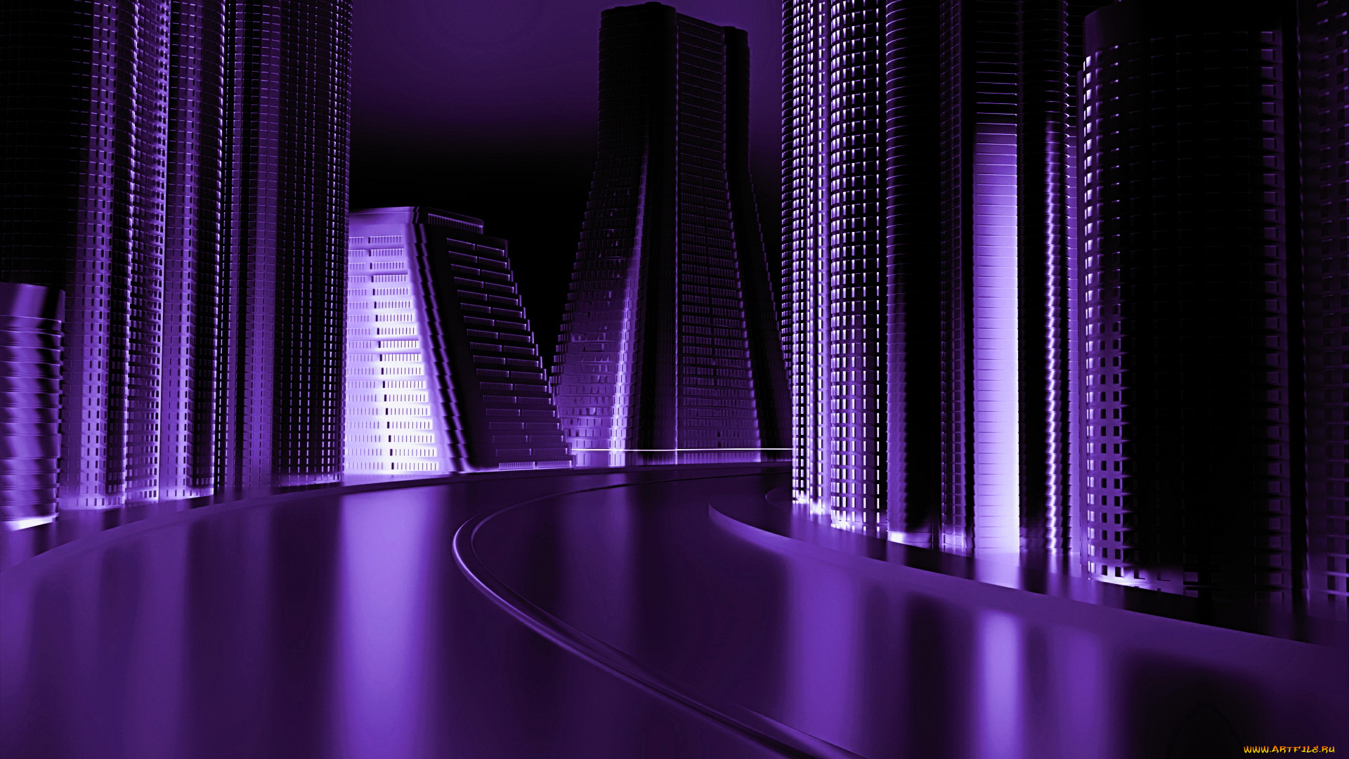 3д, графика, realism, реализм, фиолетовый, дорога, дома