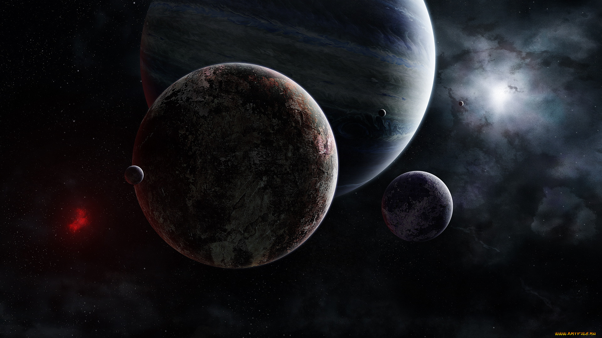 космос, арт, планеты, свечения, тёмный, фон