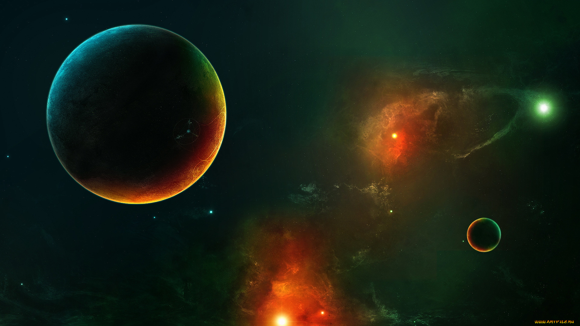 космос, арт, свечения, звёзды, планеты