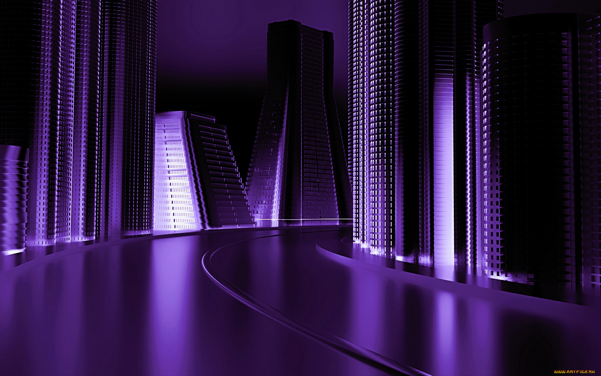 3д, графика, realism, реализм, фиолетовый, дорога, дома