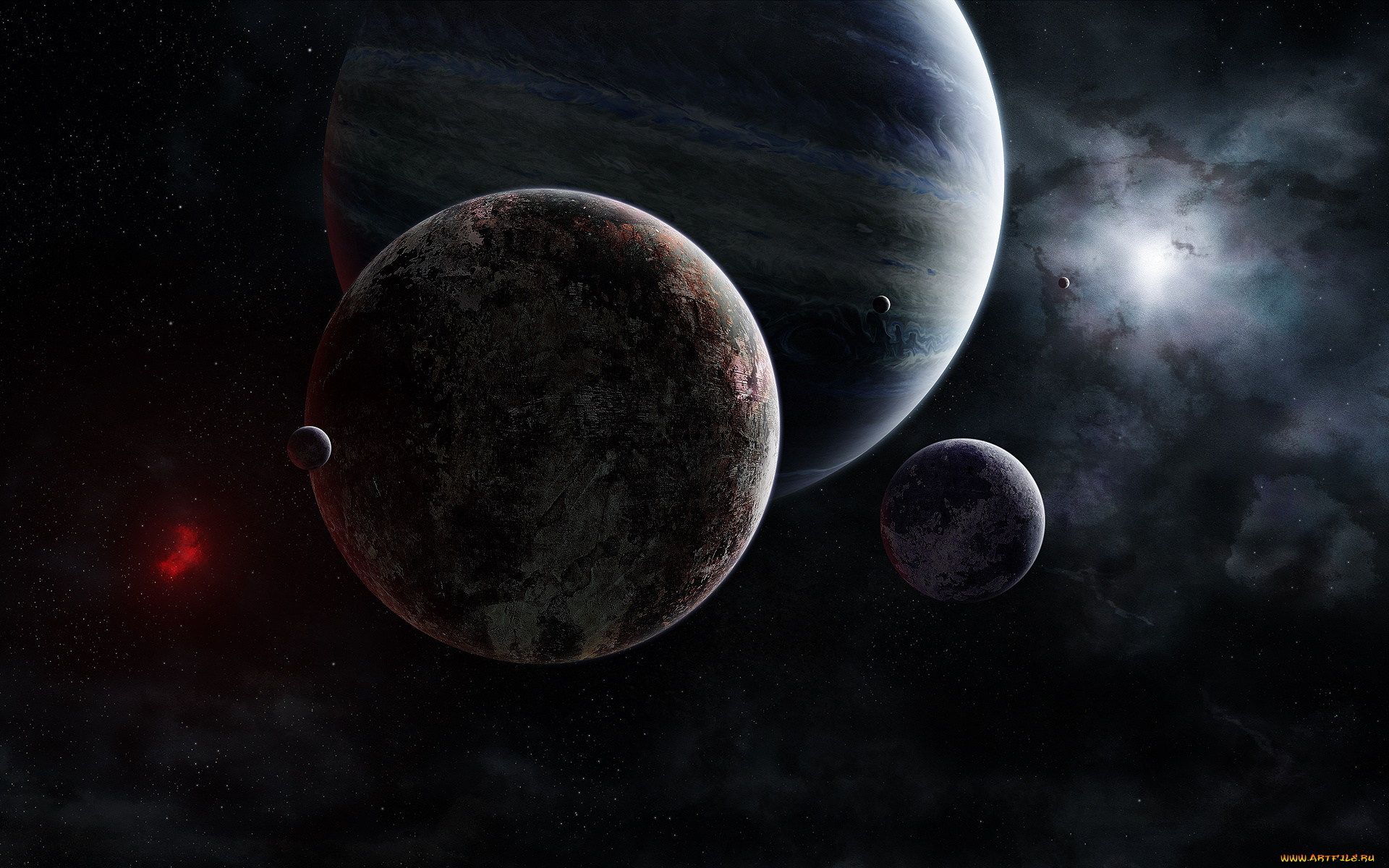 космос, арт, планеты, свечения, тёмный, фон
