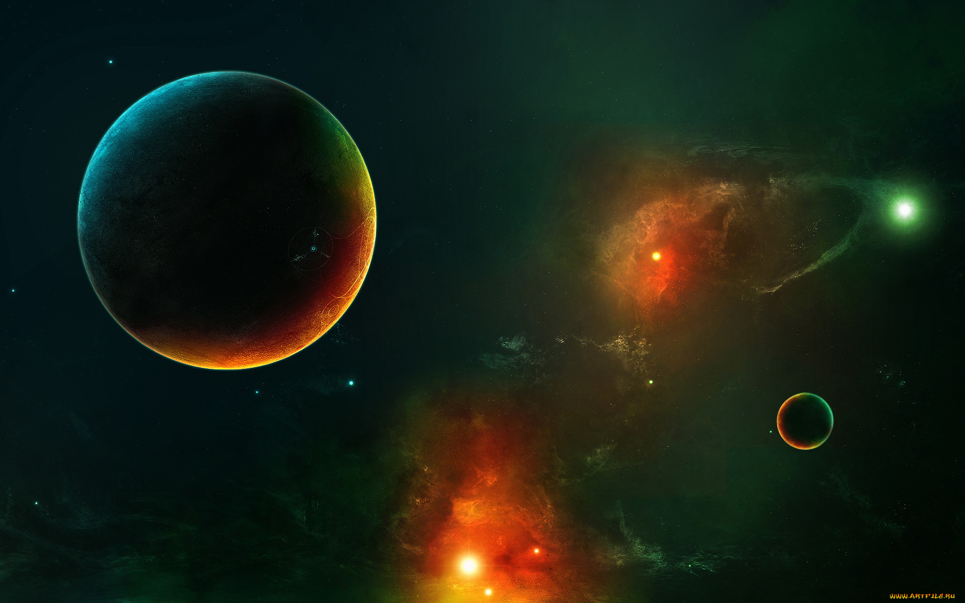 космос, арт, свечения, звёзды, планеты