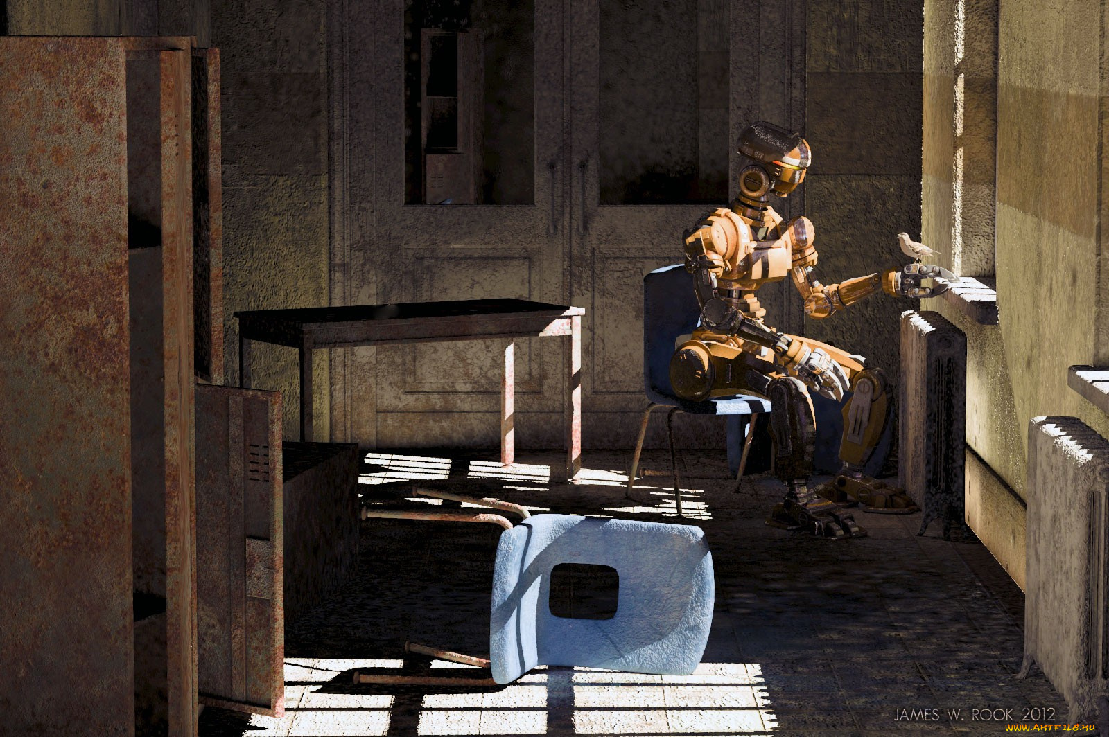 3д, графика, creatures, существа, робот, птичка, комната