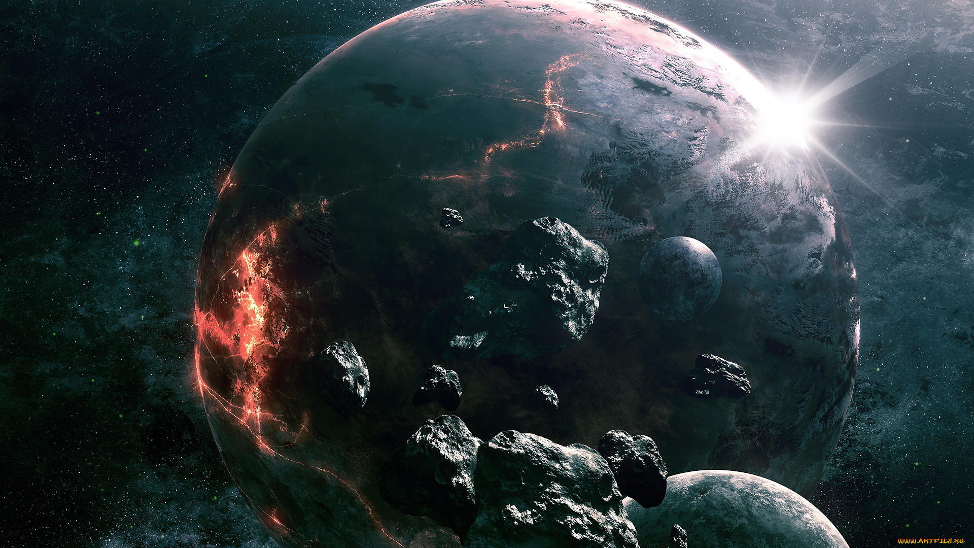 космос, арт, звезды, астероиды, планеты