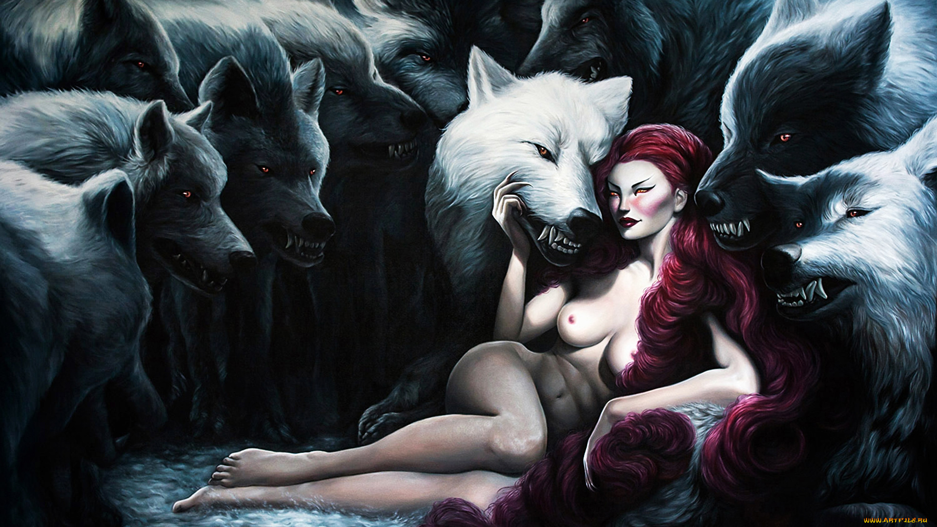 фэнтези, красавицы, чудовища, девушка, волки