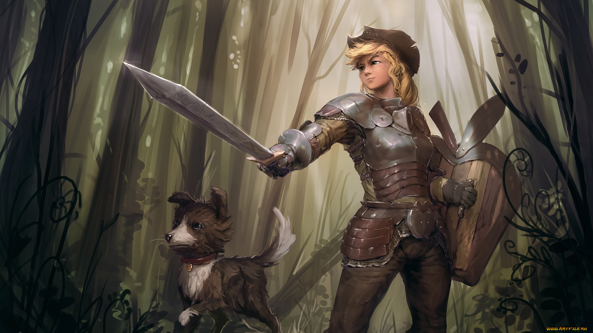 фэнтези, девушки, вайнона, girl, dog, рыцарь, by, assasinmonkey, winona, эпплджек, applejack, щит, меч, доспехи, armor, knight, лес, wood, forest, бордер-колли, fantasy, fanart, фанарт, border, collie, собака, девушка, рисунок, арт, my, little, pony