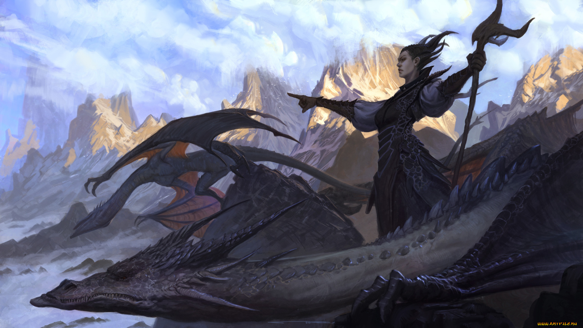 фэнтези, красавицы, и, чудовища, дракон, маг, горы, девушка, фэнтэзи, арт, пейзаж, рога