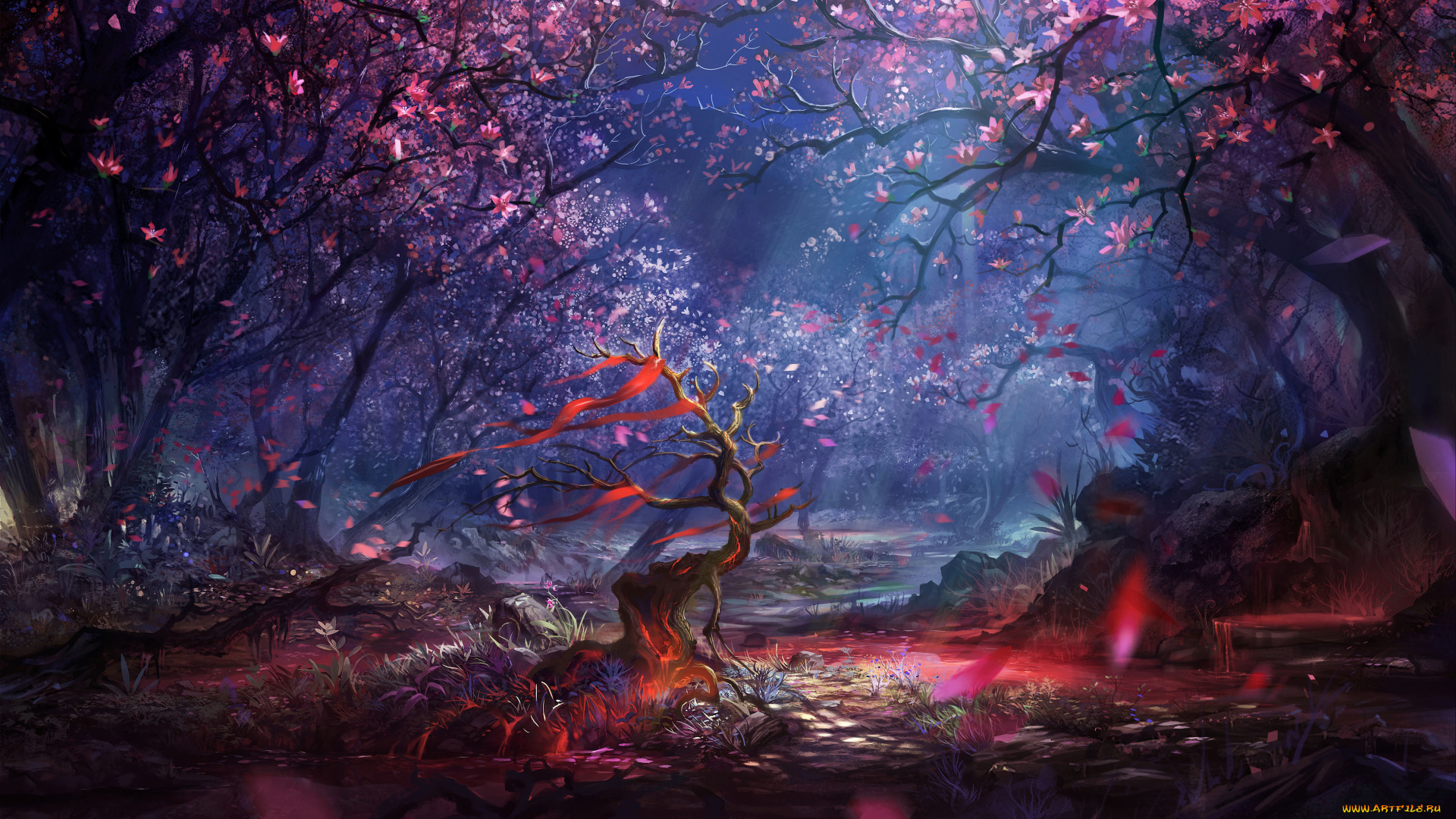 фэнтези, пейзажи, лес, stone, wood, forest, little, tree, вишня, камни, кровь, деревце, ruler, of, the, land, ленточки, blood, ribbons, cherry, сакура, sakura, rocks