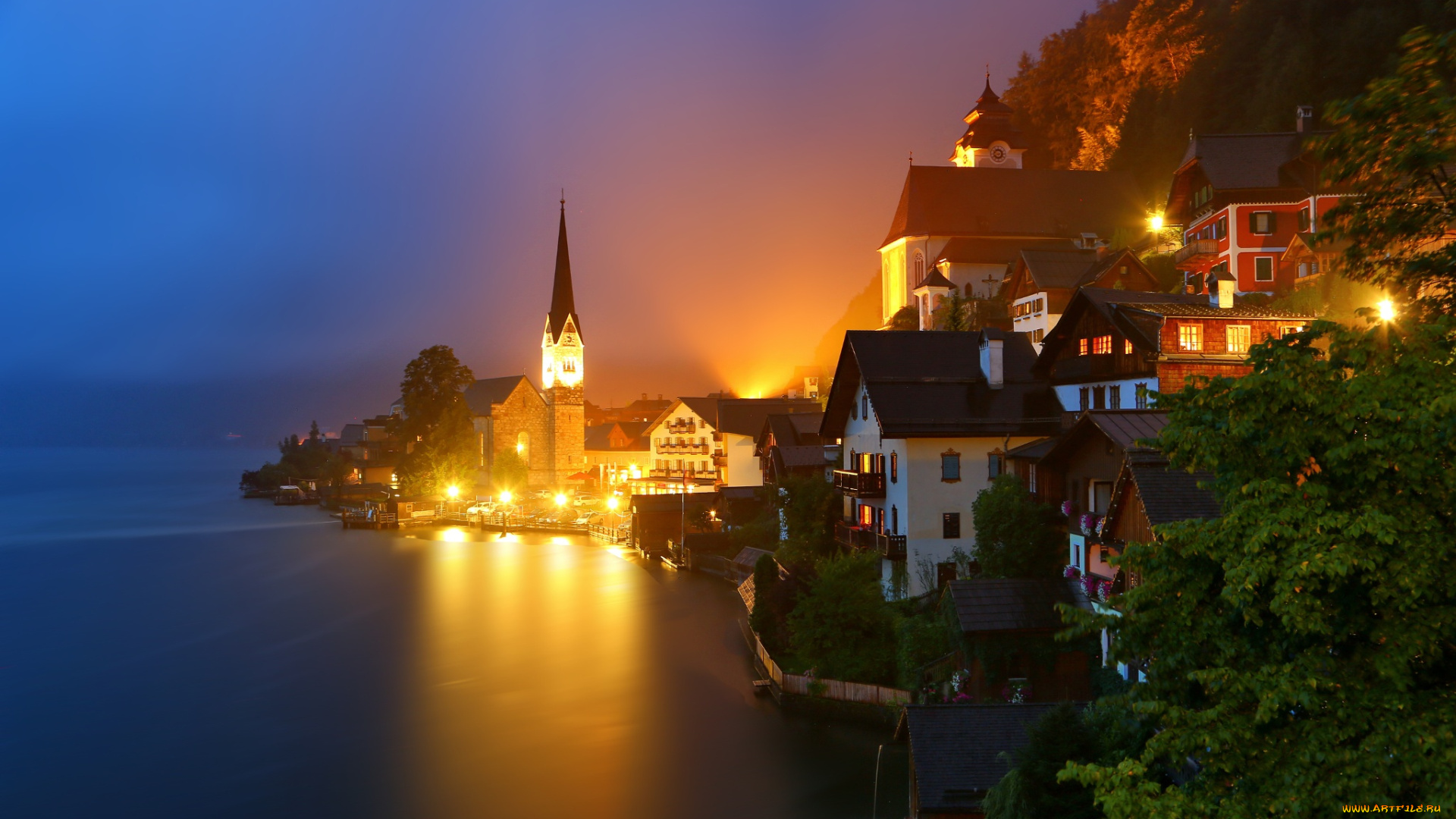 города, -, огни, ночного, города, огни, ночь, горы, дома, альпы, озеро, австрия, гальштат, alps, austria, hallstatt