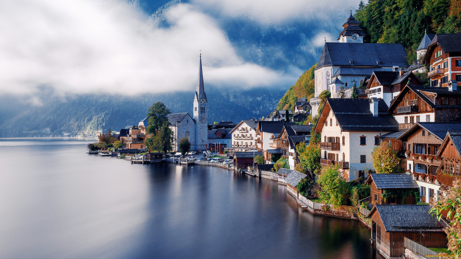 города, -, пейзажи, alps, austria, hallstatt, облака, леса, дома, горы, альпы, гальштат, австрия, озеро