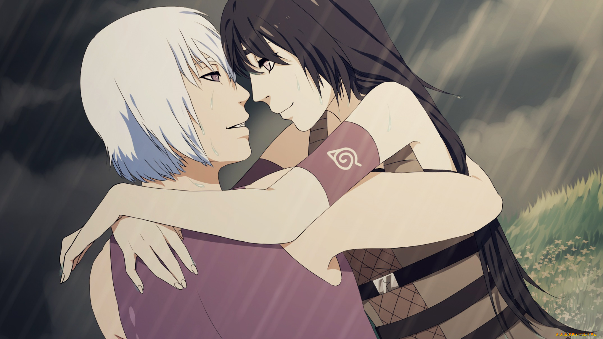 разное, арты, девушка, парень, арт, аниме, дождь, наруто, суйгетцу