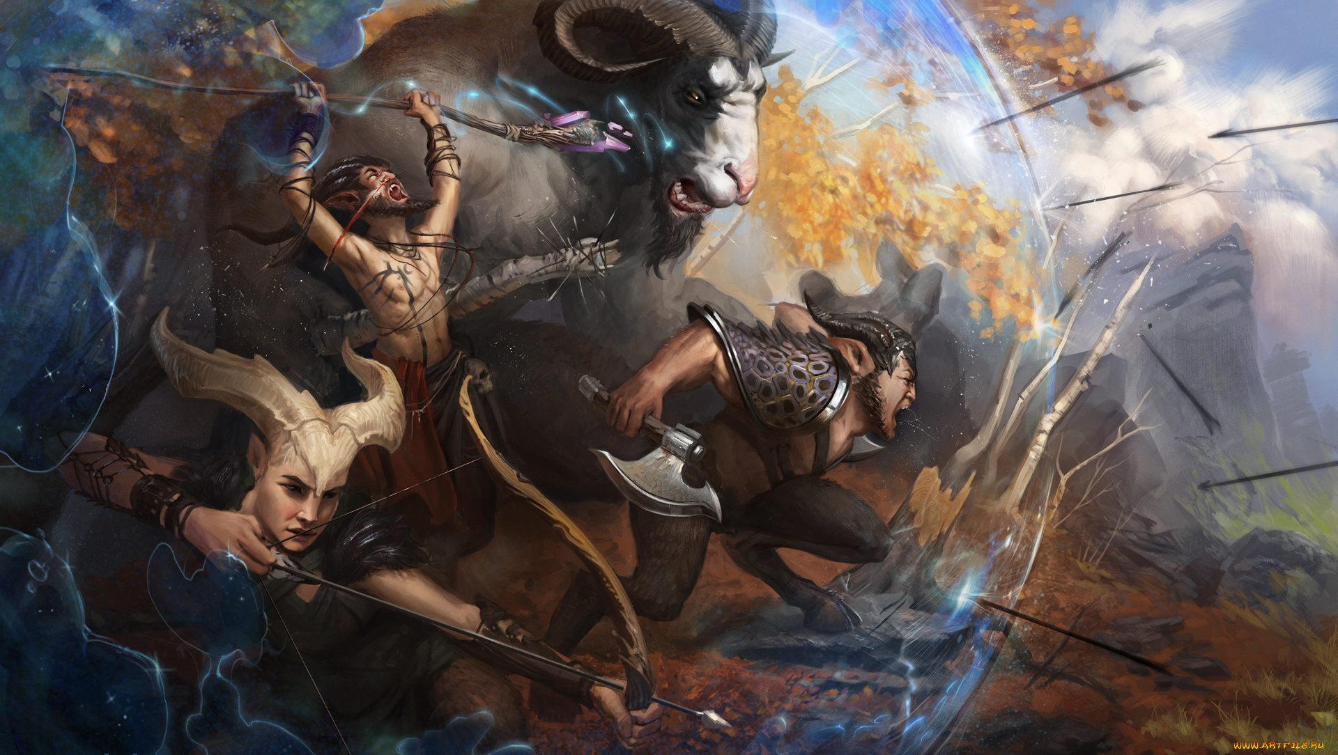 фэнтези, существа, лучница, фавн, рога, магия, лук, стрелы, щит, посох